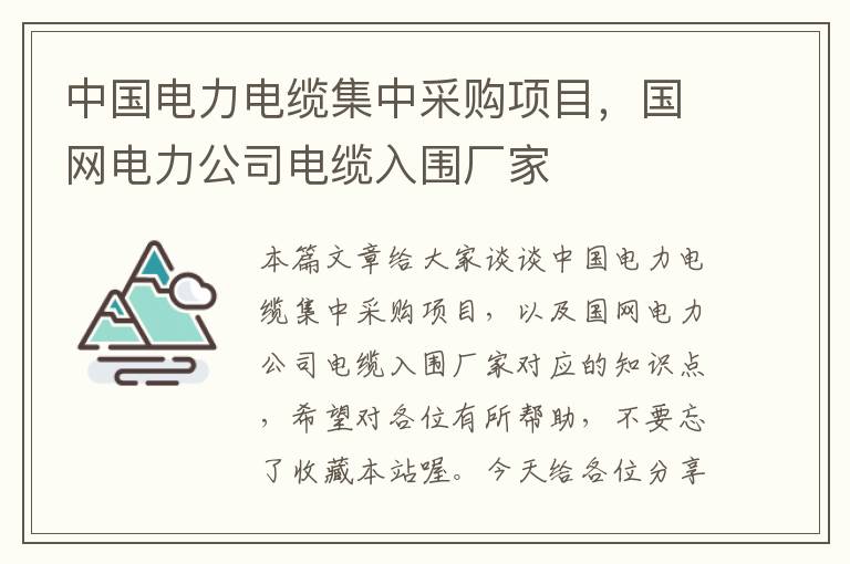 中国电力电缆集中采购项目，国网电力公司电缆入围厂家